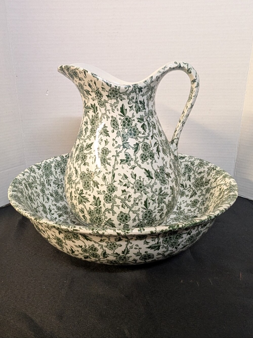 Burleigh Arden Green Transferware Staffordshire England Bowl Water  Jug Basin